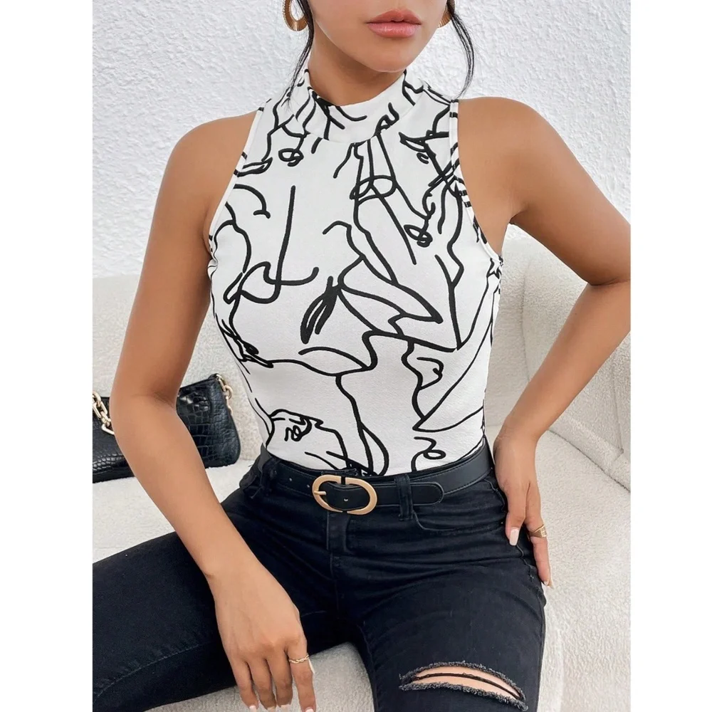 Abstract Face Print White Sleeveless Top Slim Fit High Neck - Picture 3 of 8